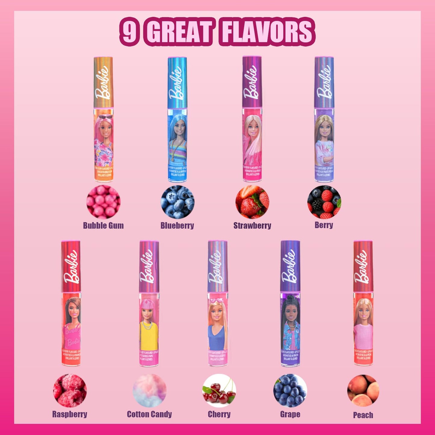 Barbie Lip Gloss with Acrylic Stand for Storage and Display, Plant Based Lip Gloss, Perfect for Parties, Sleepovers, Makeovers,