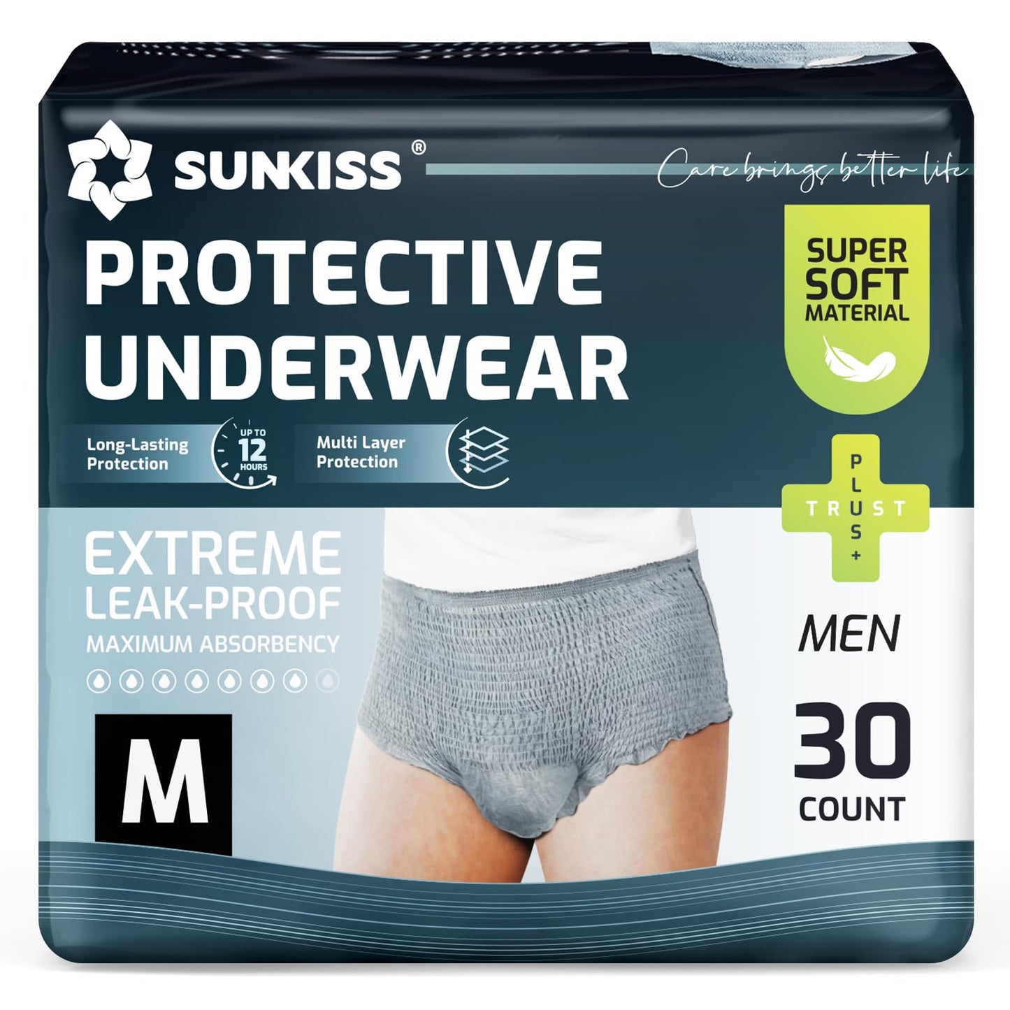 SUNKISS Incontinence Underwear for Men,Daytime Disposable Adult Pull Ups,Mens Protective Briefs with Maximum Absorbency, Medium, Grey, 30 Count