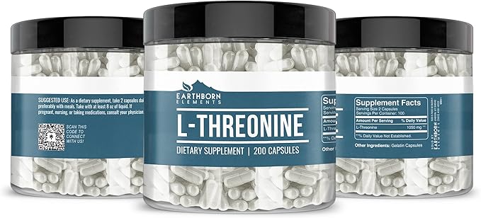 Earthborn Elements L-Threonine 200 Capsules, Essential Amino Acid, Pure & Undiluted, No Additives