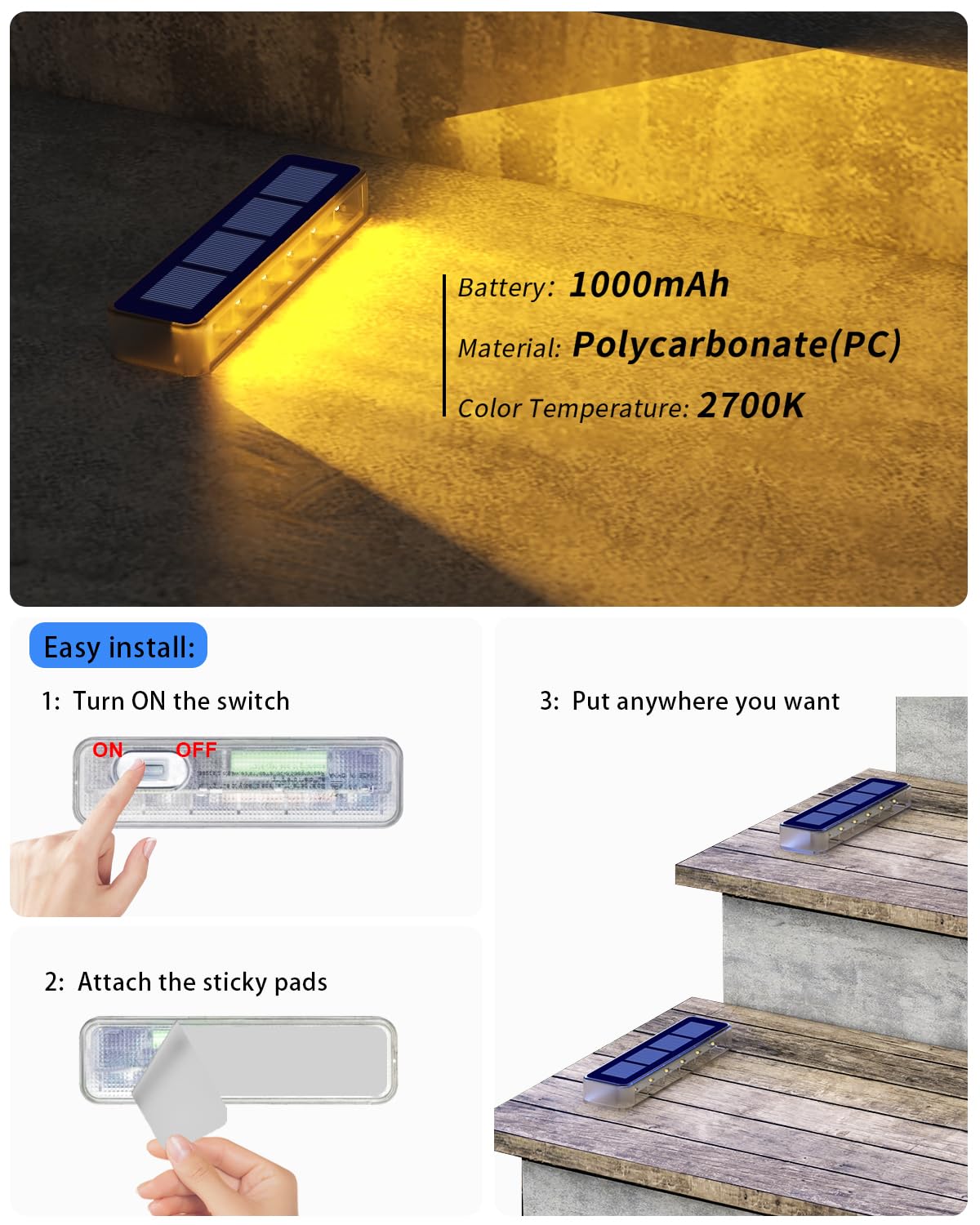 DetarZinLED Solar Step Lights, 2 Pack Warm White Outdoor Lighting, Waterproof, Model EL-SPW-02
