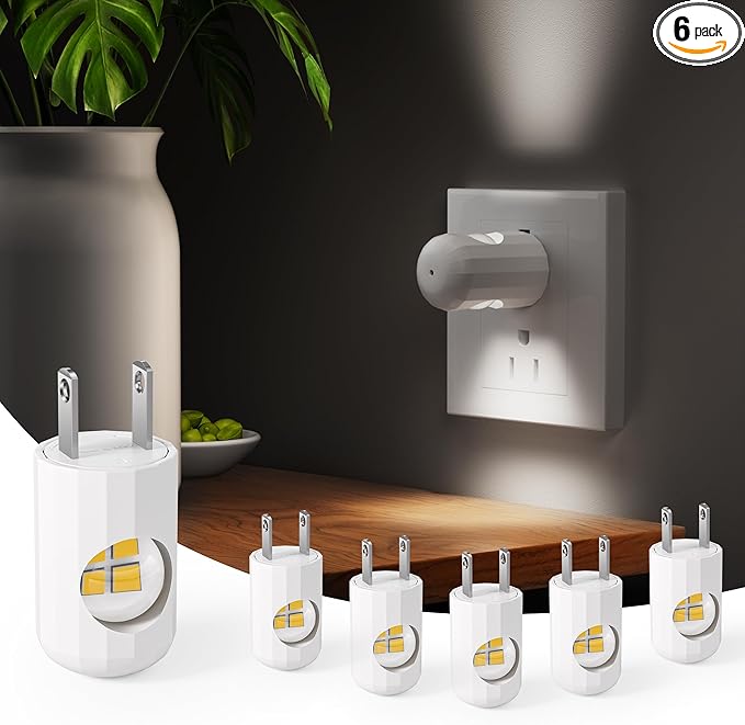 6 Pack Mini LED Night Light Plug in Wall - Dusk to Dawn Auto On/Off, 4000K Cool White 100 Lumen, 360° Adjustable Lighting for Bedroom, Bathroom, Stairs, Kids Room, Hallwayay