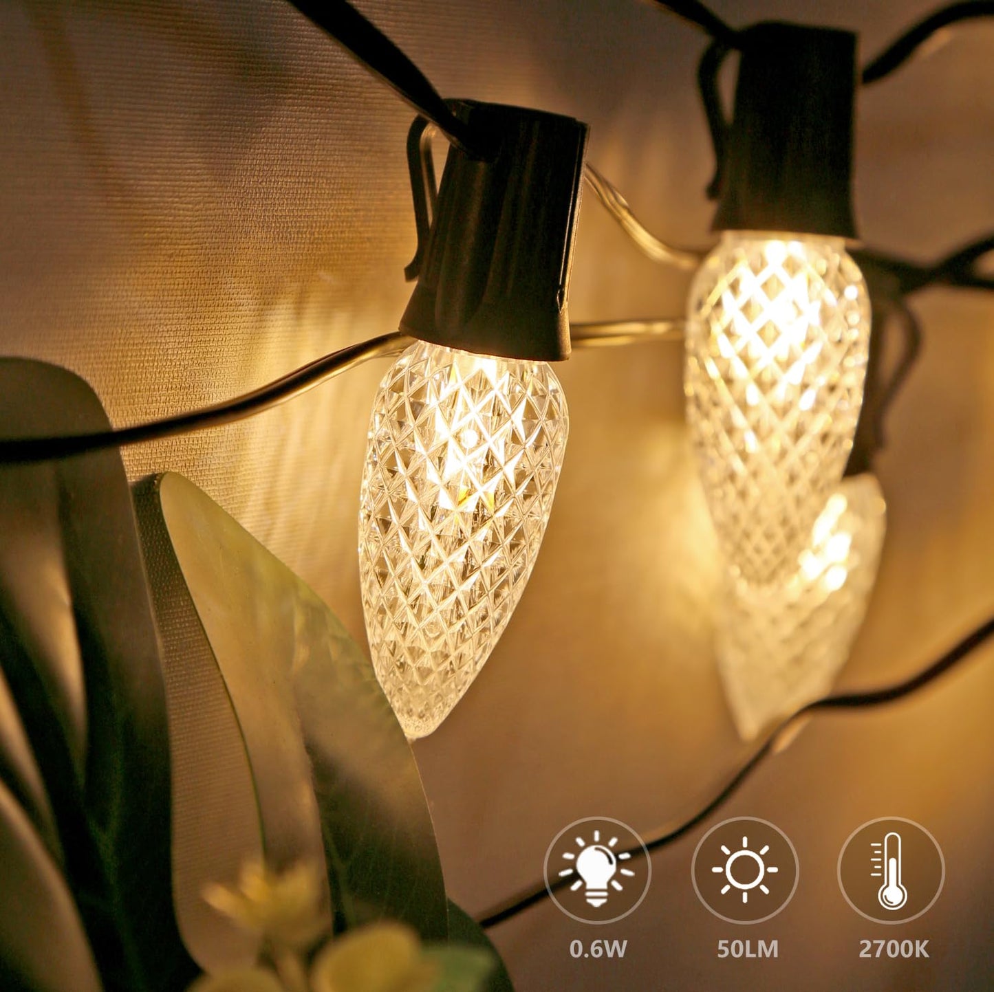 Austin Coast C9 Led Christmas Replacement Bulbs, Shatterproof, Waterproof, Warm White 2700K, 50 Pack, E17 Base, 0.6W