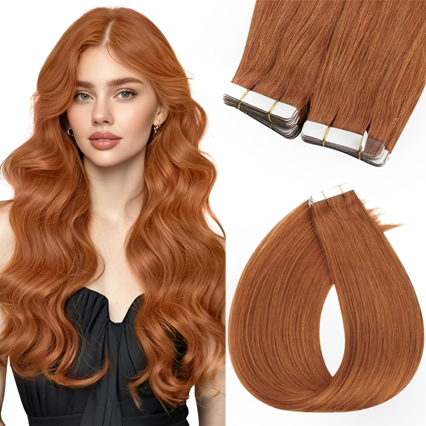 Sunny Hair Tape in Hair Extensions Real Human Hair Invisible Remy Hair Extensions Tape ins for Women Copper Red 22 inch 20Pcs 50