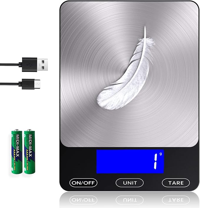 Food Scale -33lb Digital Kitchen Scale for Food Ounces Grams Rechargeable 304 Stainless Steel,Batteries and Type-C Chargin...