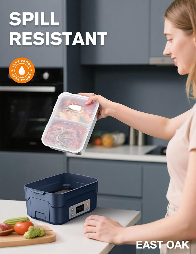 EAST OAK XL 6.3-Cup Cordless Electric Lunch Box for Adults, Heated Lunch Box for Men with Scheduled Heating, Portable Car Food Warmer with Utensils, Two-Tier Bag, Removable Divider