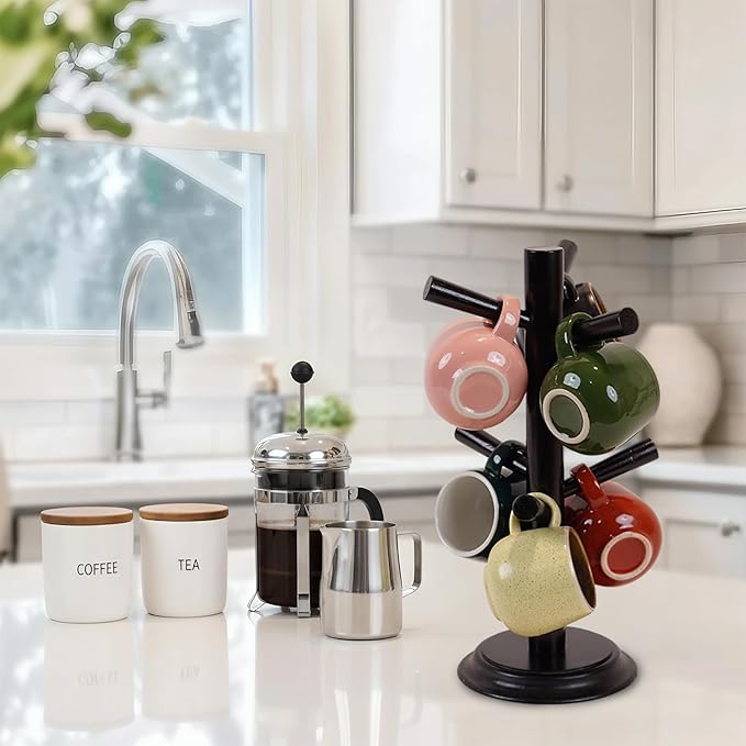 Mug Tree Set of 2 | 13.5"x7"x7", 6 Hooks Cup Holder with Thick Rubberwood Base, Wooden Coffee Mug Holder Stand for Countertop, Kitchen Table, Cup Organizer Rack for Mugs or Utensils