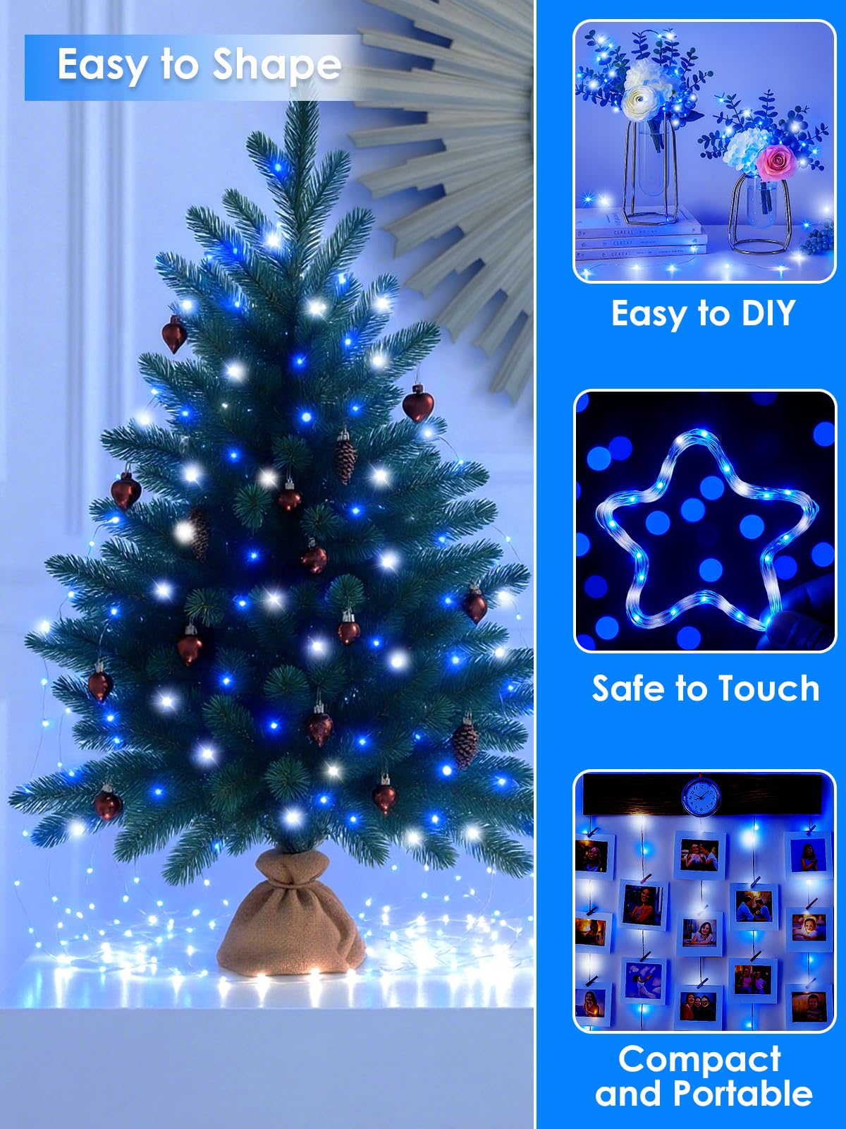 BHCLIGHT 66Ft 200 LED Fairy Lights, Waterproof String Lights, 8 Modes, Copper, 1 Pack, Blue and White