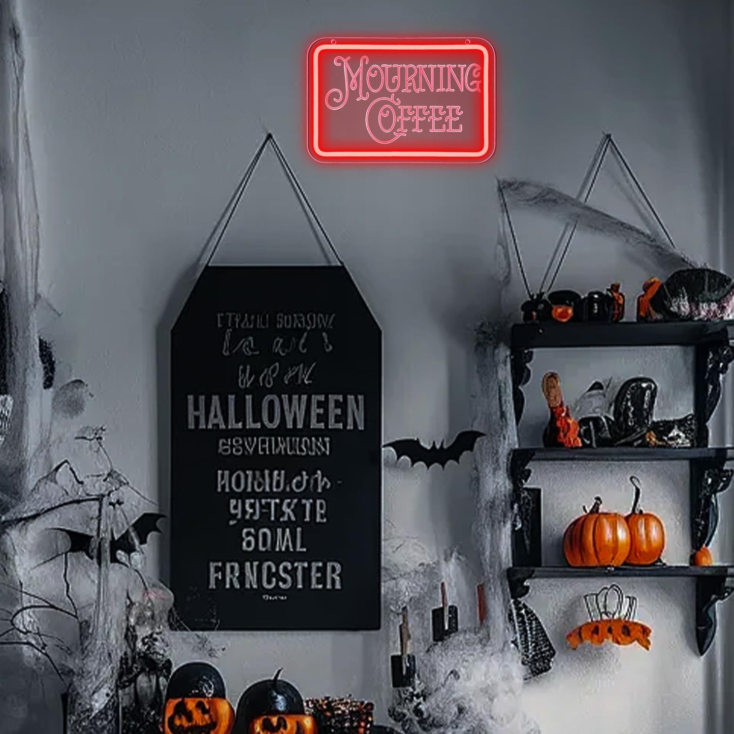 Symone Mourning Coffee Neon Sign, USB Powered Dimmable LED Light, 11.8x7.8 In, Red+White, Halloween Decor for Cafe & Home