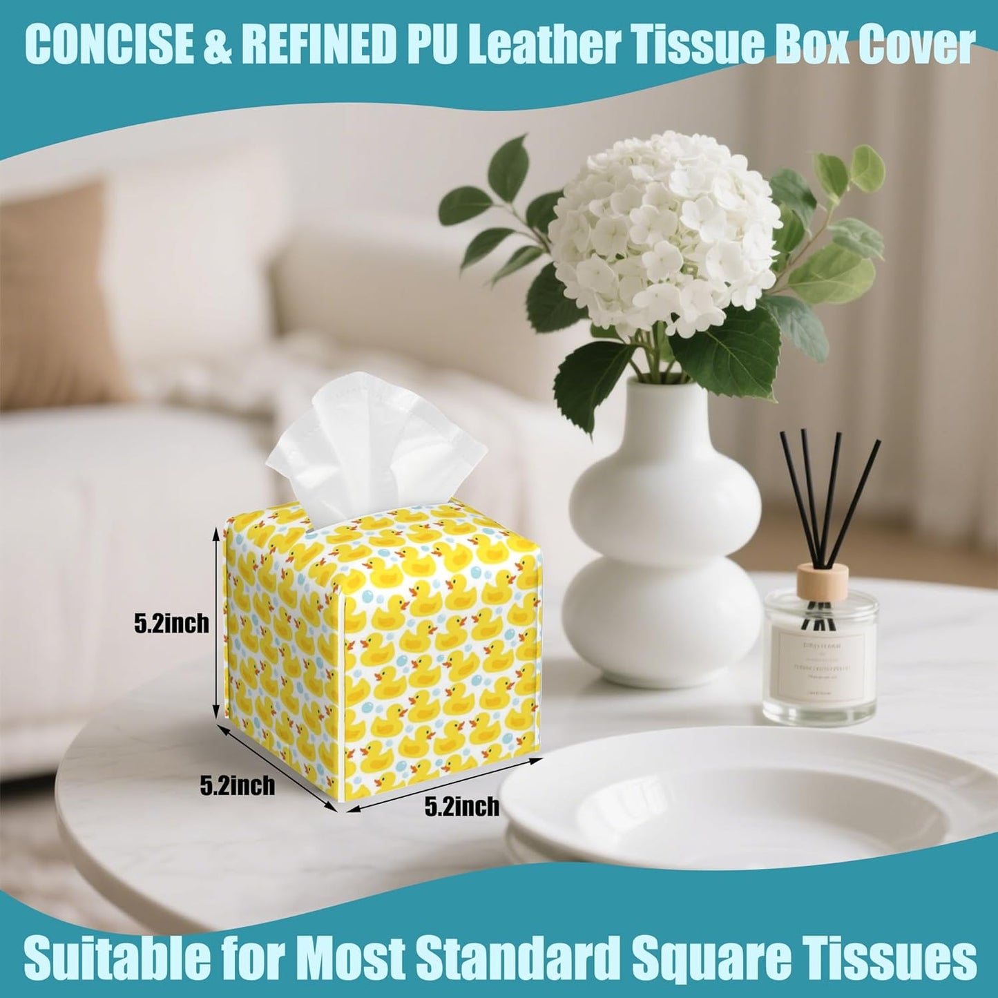 Cute Rubber Ducks Leather Tissue Holder,Soap Bubbles Square Tissue Box Cover with Bottom Belt,Modern Decorative Facial Tissue Paper Cover for Car Nightstand Vanity Desk Office,5.2" x 5.2" x 5.2"