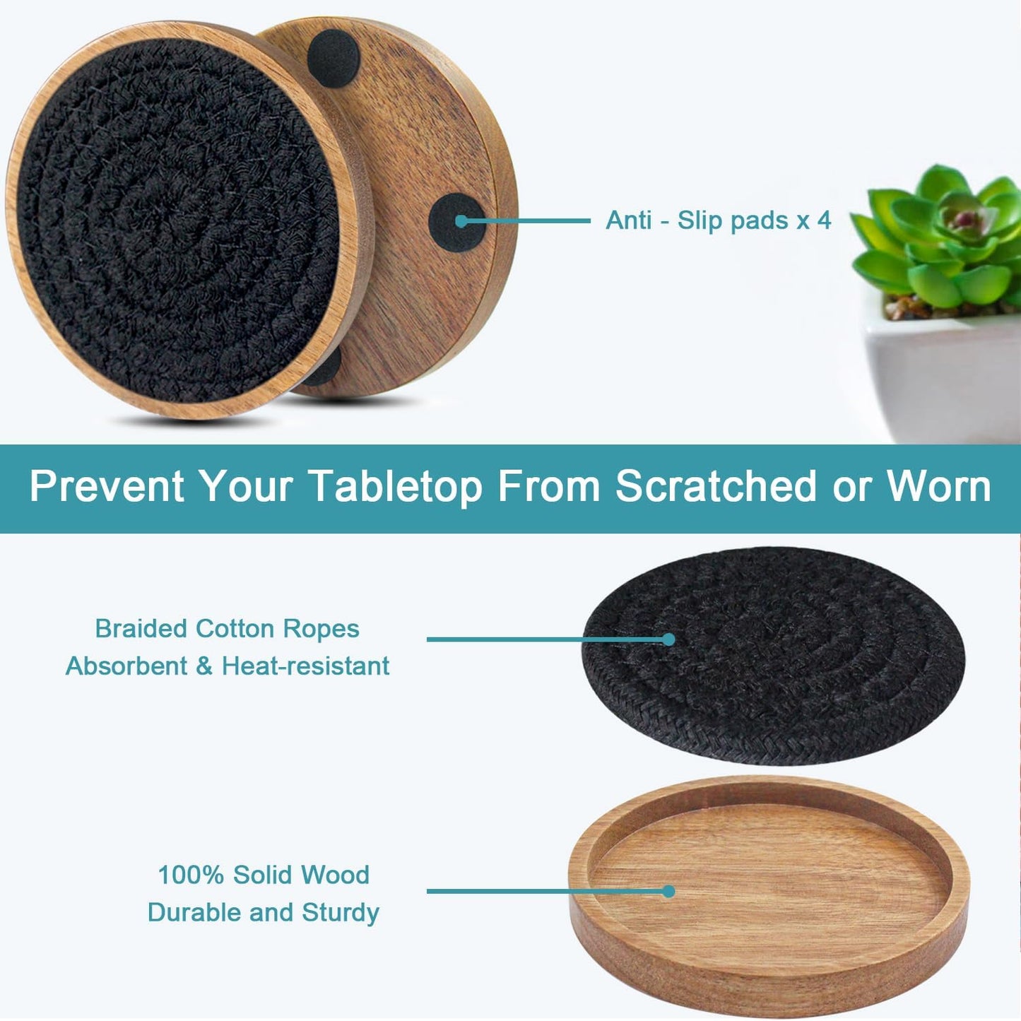 Wood Coasters for Drinks, Absorbent Coaster Sets of 8, Woven Drink Coasters for Coffee Table, Housewarming Gift for Farmhouse Home Decor,4.3 inches Black