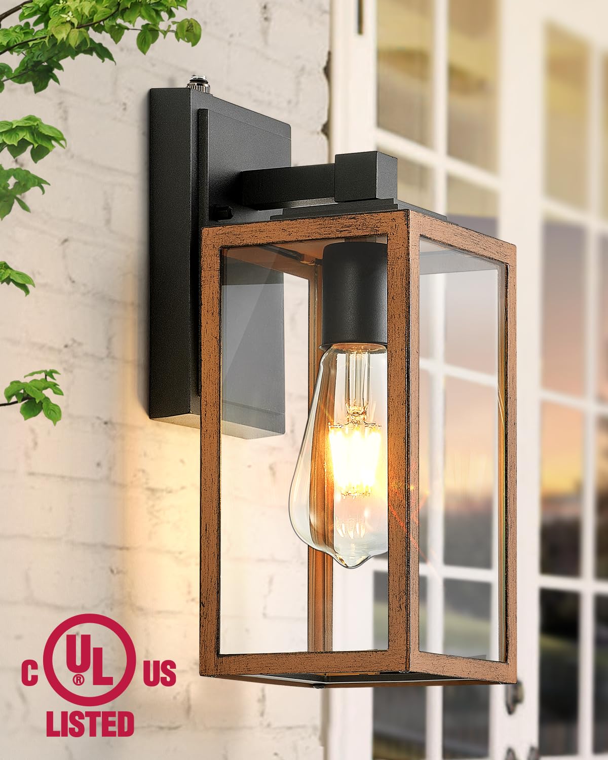 VIANIS Dusk to Dawn Wall Light Fixture, Waterproof Aluminum, Clear Glass, Wood Grain, Standard D2D, Model V8111