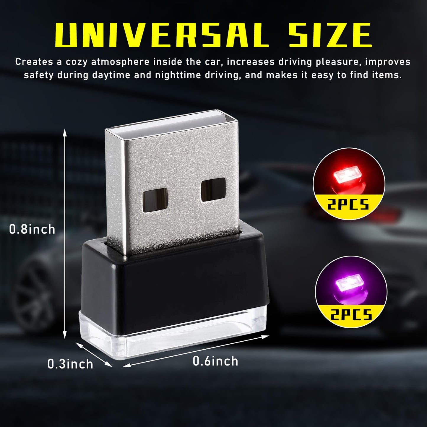 Augeny Usb Led Car Interior Atmosphere Lamp - 4 Pcs Portable Auto Ambient Lighting Kit, 2 Red + 2 Purple For Most Vehicles