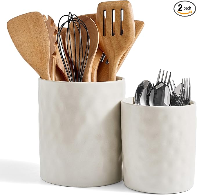 famiware Ocean Utensil Holder, 7.2"+5.8" Ceramic Kitchen Utensil Holder for Countertop, Cooking Utensil Crocks, Utensil Organizer for Spatula & Spoon, Kitchen Decor, Set of 2, Matte White