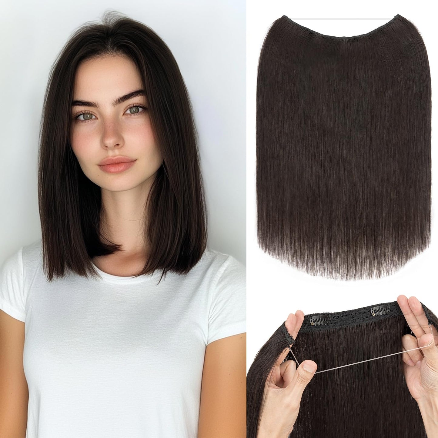 S-noilite Halo Hair Extensions Real Human Hair 14inch Short Straight Halo Extensions for Women Adjustable Natural Black WireHair