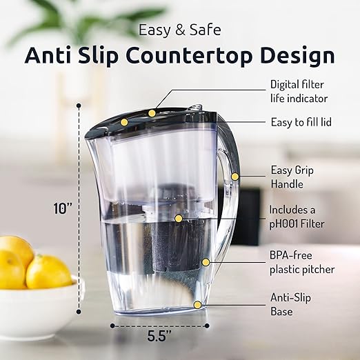 Invigorated Water Alkaline Water Filter Pitcher - Long Lasting Alkaline Water Pitcher Filter with Multi-Stage Filtration System - High pH Alkaline Pitcher Water Jug & 1 Alkaline Filter - 2.5L (Black)