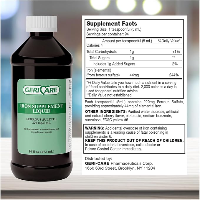 GeriCare 220 High Potency Liquid Iron Supplement | Liquid Iron for Adults | for Anemia and Iron Deficiency | 220mg of Iron Per 5mL Dose. (Pack of 2)
