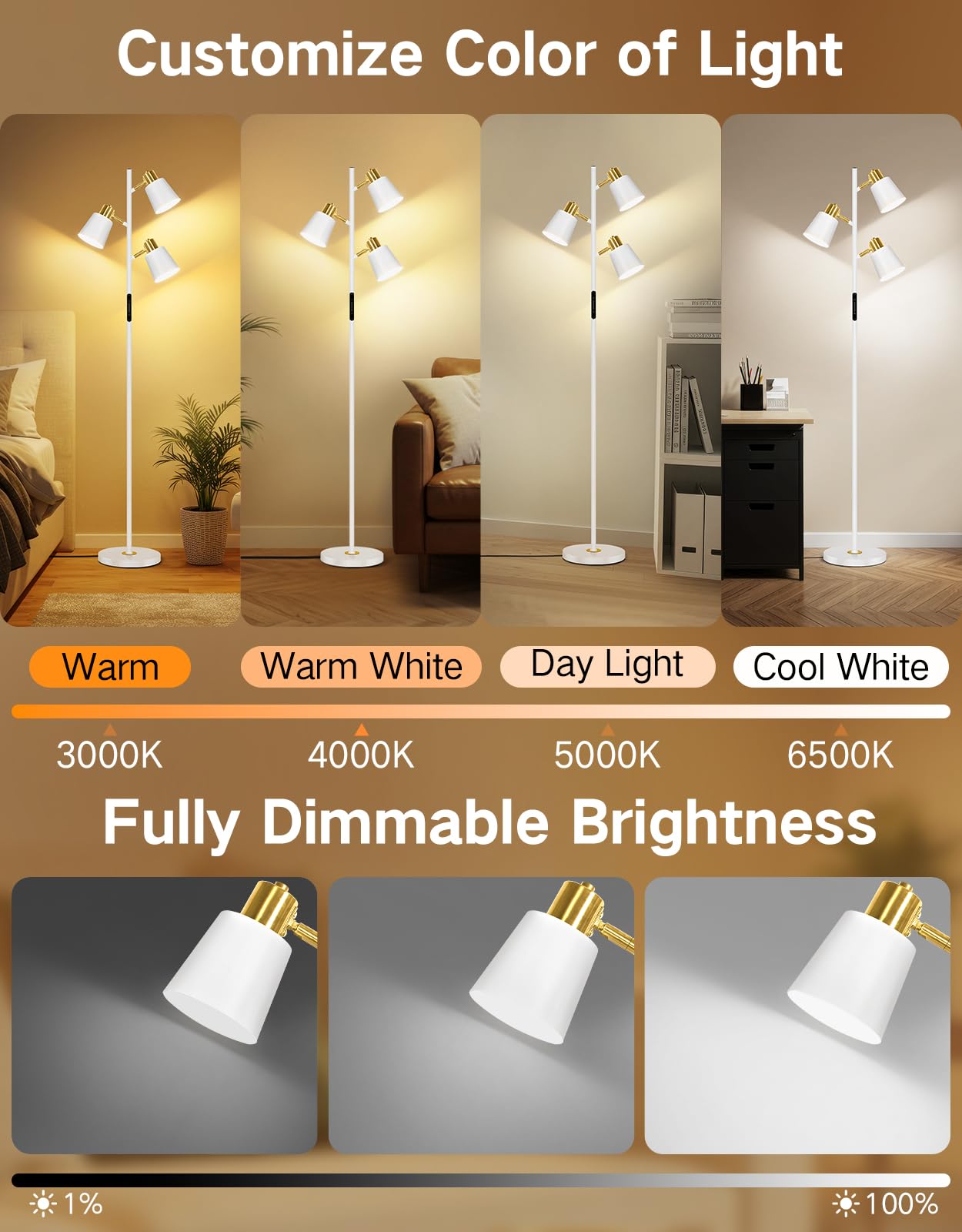 OUTON LED Floor Lamp, Modern Dimmable Standing Lamp with Remote, 4 Color Temperatures, White & Gold