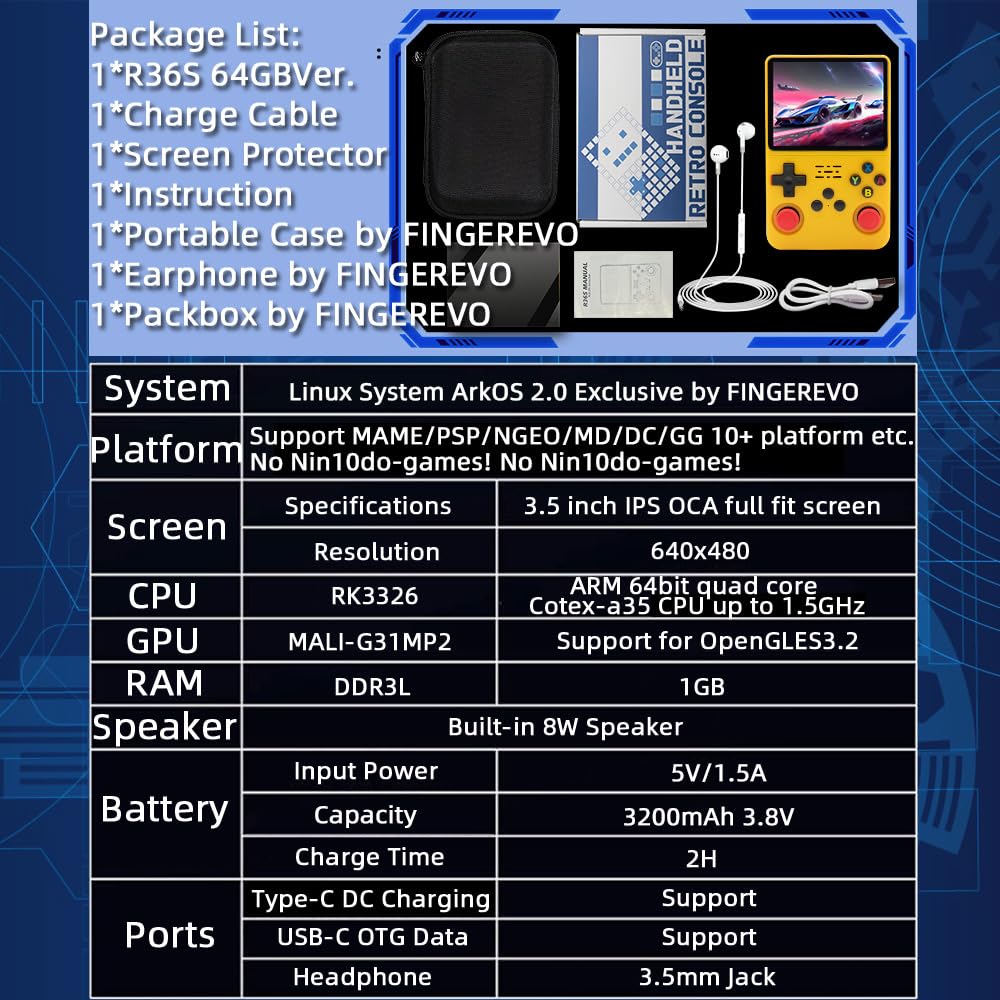 R36S Handheld Game Console 3.5-in 640*480 IPS OCA Screen 3200mAh Opensource System RK3326 Yellow