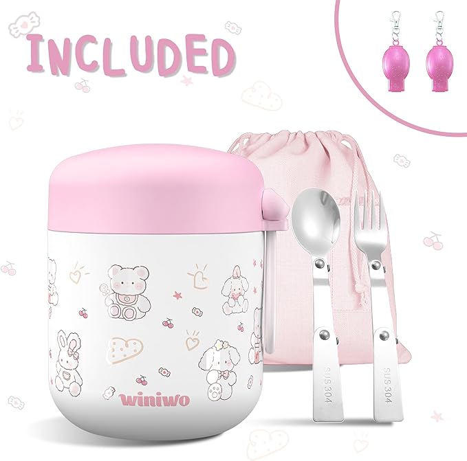 12oz Insulated Food Jar for Kids, Easy Carry, Wide Mouth, Thermos for Hot Food, Soup, Salad, Sandwich, School Lunches (Pink-Rabbit)