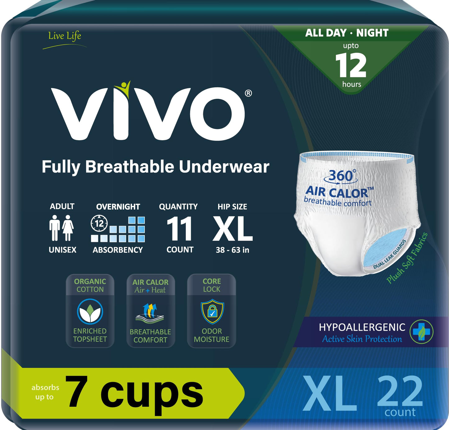 VIVO Organic Cotton Sensitive Skin Overnight Adult Incontinence Pullup Underwear, Women & Men, X-Large 22 Count