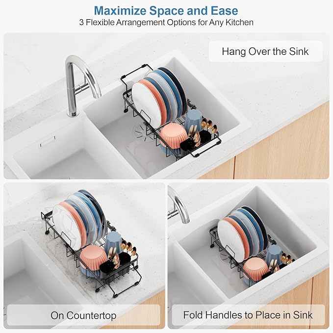 iSPECLE Small Sink Dish Drying Rack, Capacity Expandable Narrow Dish Drainer for RV Sink Apartment Kitchen with Utensil Holder, 12"-16.8" L x 9" W, Black
