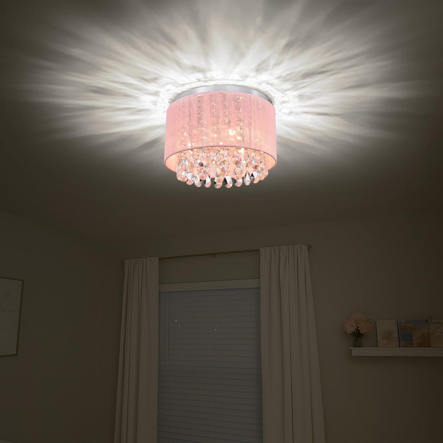 Lalula Pink Chandelier Drum Flush Mount Light Fixture - 3-Light 11 Round Crystal Ceiling Light For Girls Bedroom