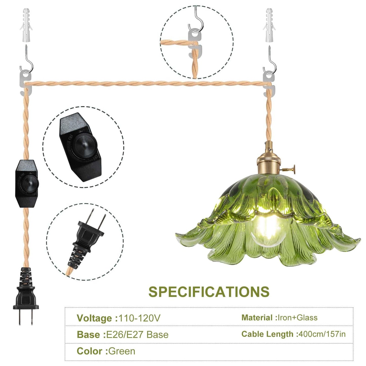 Loiogohot Plug In Pendant Light Fixtures Hanging Light Fixture Corded On/Off Switch 11 Inch E26 Green Glass Lampshade Pendant Lighting For Kitchen Island  Bedroom  Dining Room