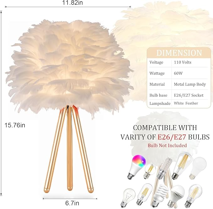 ZYLEIESENBAO White Feather Lamp Furry Table Lamp H16'' Modern Princess Feather Desk Lamp Tripod Fluffy Bedside Nightstand Light for Bedroom Wedding Atmosphere Girl Gift Living Room Retaurant Entryway