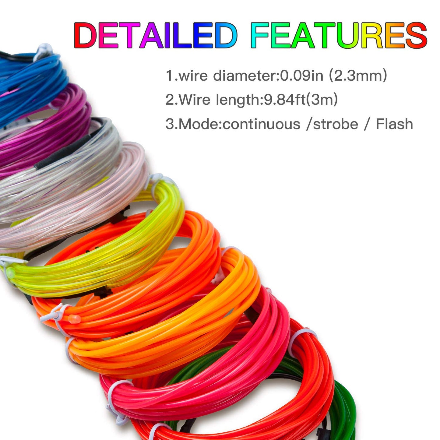 Lychee 9Ft El Wire Lights - Neon Strobing Electroluminescent Light With Battery Pack For Parties & Halloween - Yellow