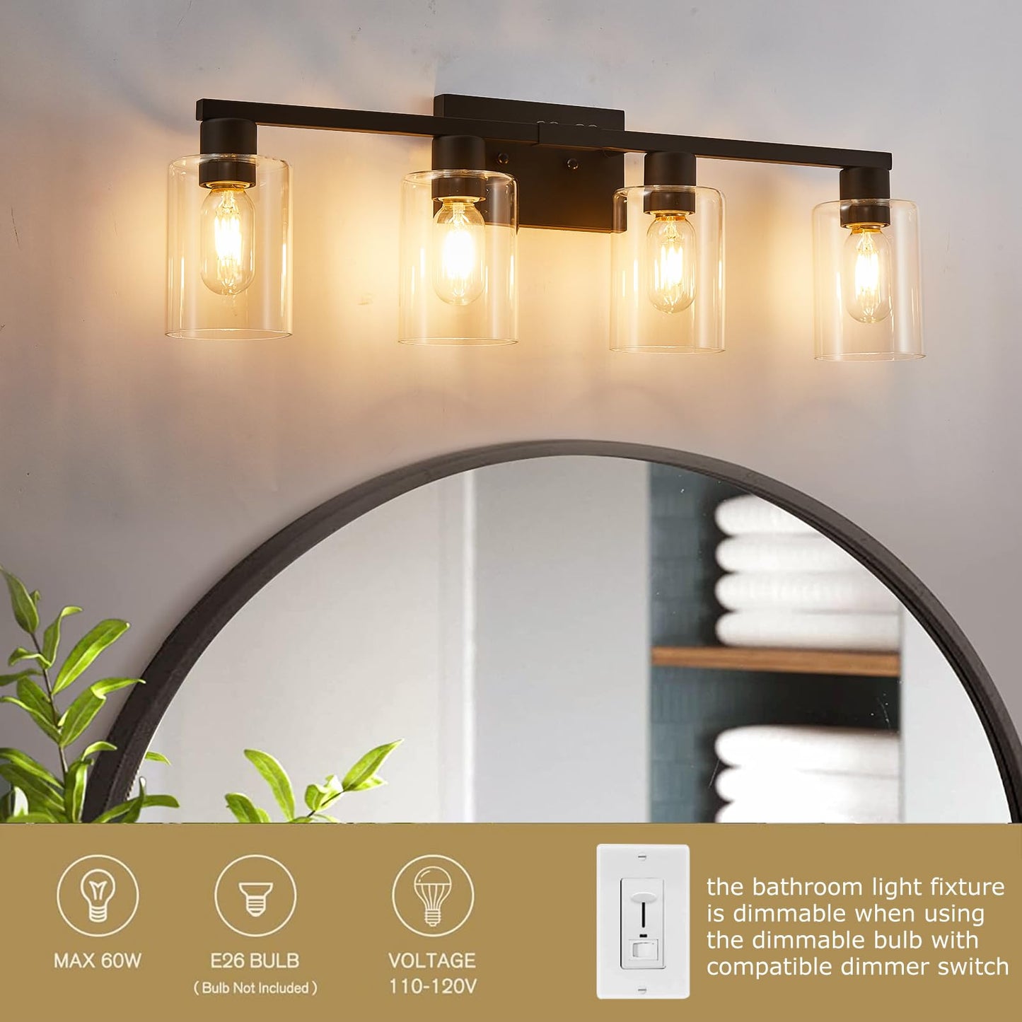 Sopeas 4 Light Bathroom Vanity Light Fixtures  Black Farmhouse Bathroom Vanity Light With Clear Glass Shade  Bathroom Lighting Fixtures Over Mirror  Vanity Lights For Bathroom Mirror