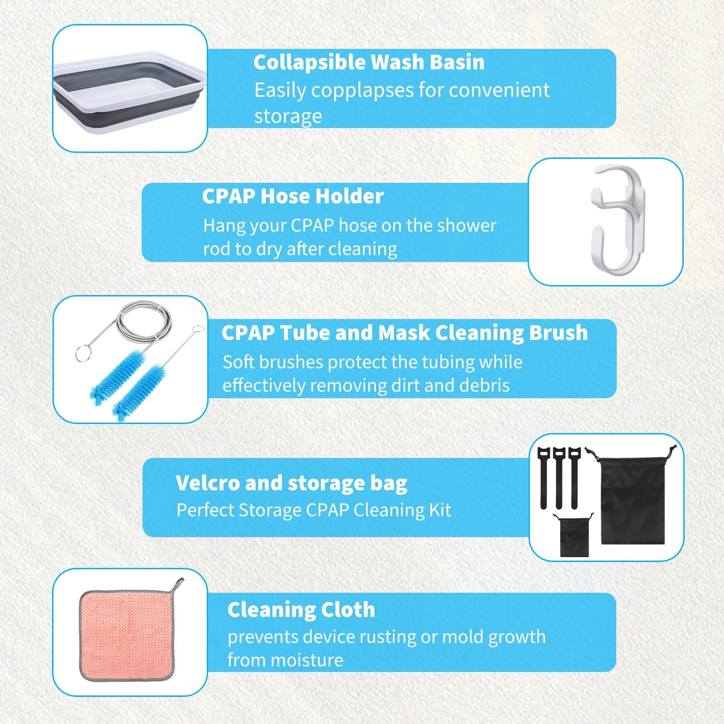 XGKHOM Upgraded CPAP Cleaning Kit, 7 ft Tube CPAP Cleaner Brushes for 15mm, 20mm and 22mm Hoses, CPAP Cleaning Supplies for Hose and Mask, Includes Collapsible Wash Basin, Hose Holder Hangers & Clips