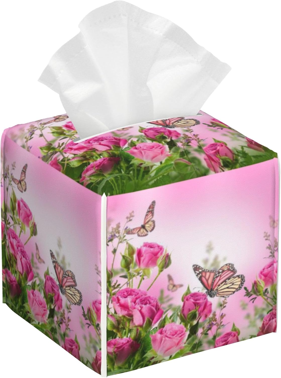 Roses Floral Bush Leather Tissue Holder,Flying Butterfly Square Tissue Box Cover,Modern Decorative Facial Tissue Paper Cover for Car Bedroom Nightstand Vanity Desk Office Table Top,5.2" x 5.2" x 5.2"