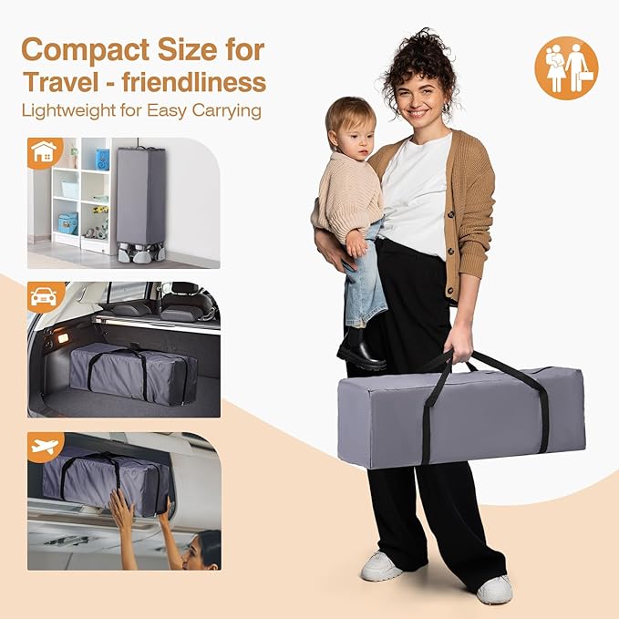 JOYMOR 4 in 1 Pack and Play, Baby Bedside Bassinet, Sturdy Play Yard with Padded Mat and Toy bar with Soft Toys