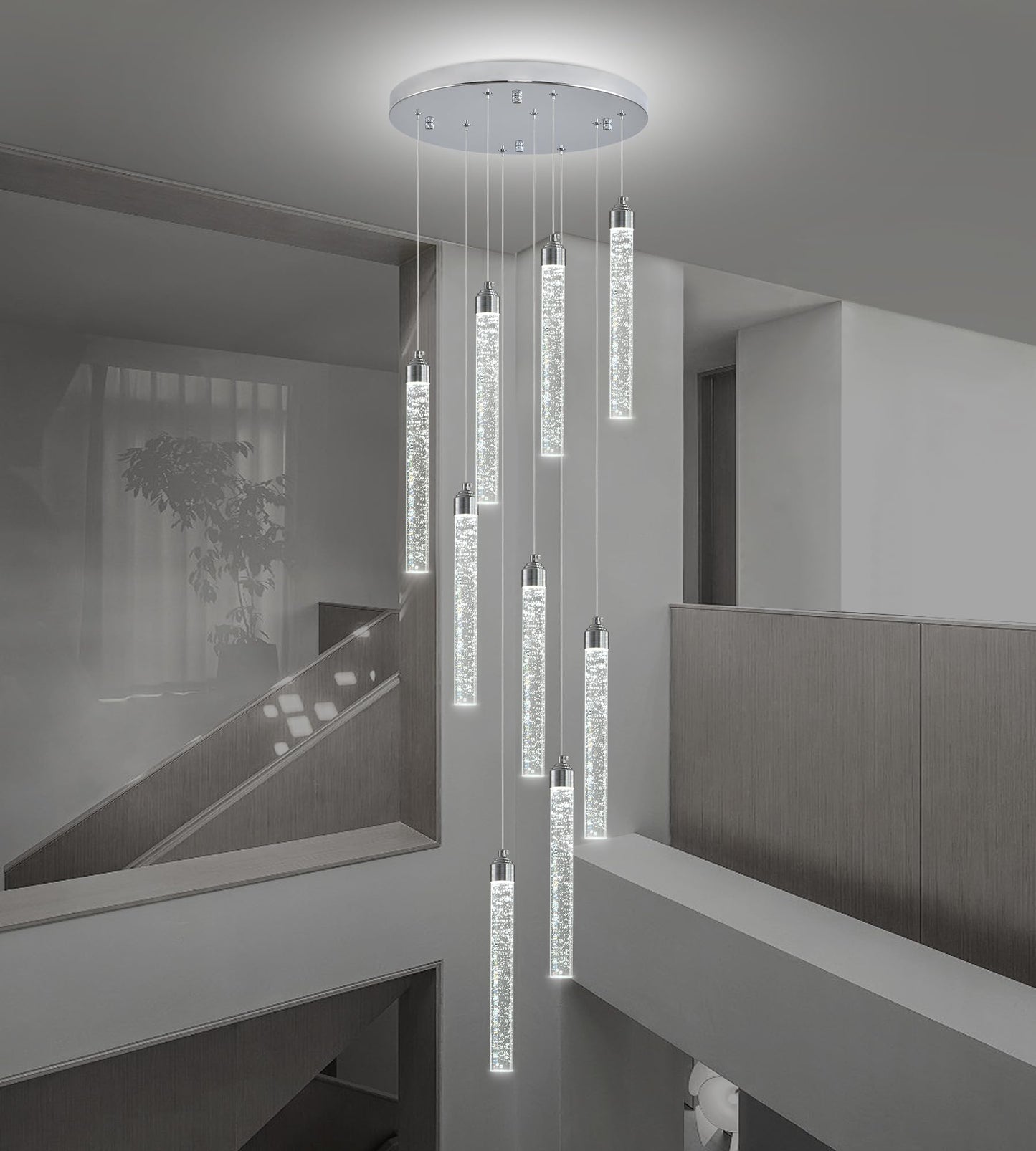 YwueChwu Crystal Staircase Chandelier, 9 Lights, Dimmable LED, Silver, Model YWSC-S09-0116