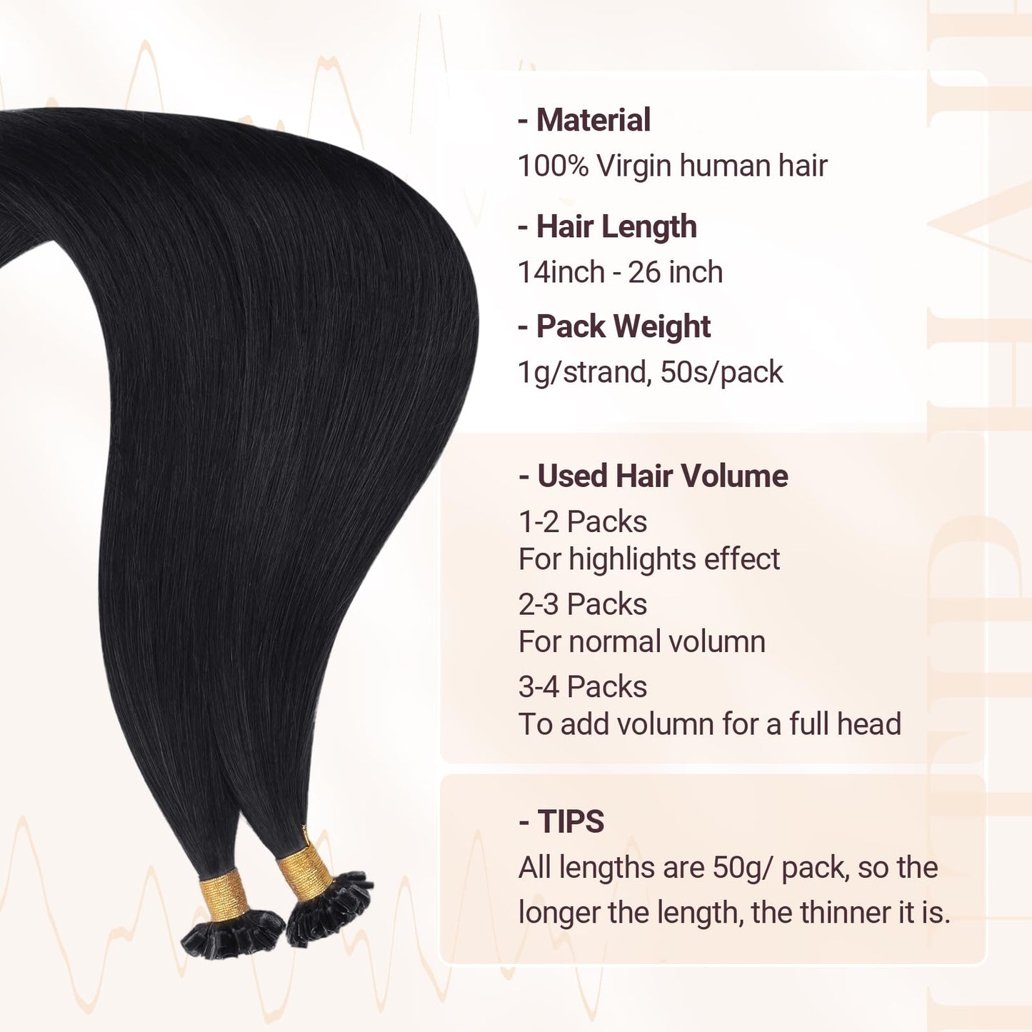 MAXITA U Tip Hair Extensions Human Hair, Jet Black Hair Extensions Real Human Hair, 50g/50 Strands/Pack, 16 In Virgin Human Hair