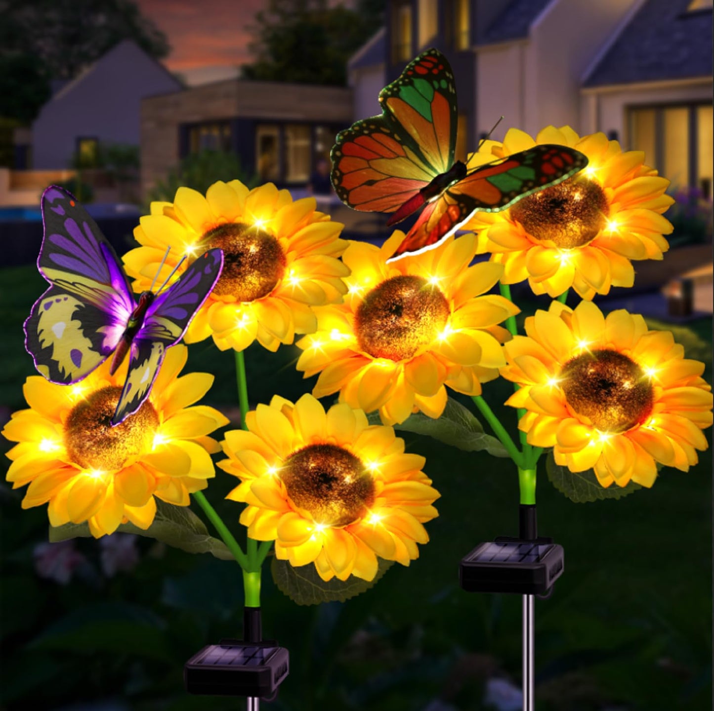 Solar Sunflower Outdoor Garden Lights, 2 Pack Solar Flower with Butterfly Waterproof Garden Decor, Gifts for Mom Grandma, Waterp