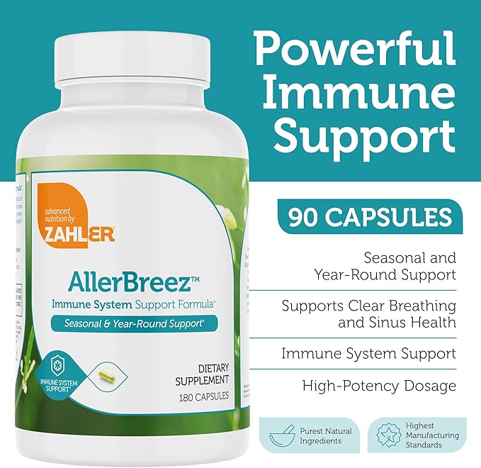 Zahler AllerBreez Immune System Support Formula with Vitamin C, Quercetin, Vitamin B5, MSM & Stinging Nettle - Seasonal & Year-Round Immune Support Supplement, Dhist Allergy Supplement (180 Capsules)