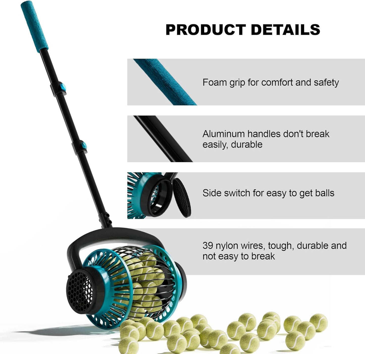 Tennis Ball Collector Roller, No Bending Over Quick Rolling Picker. 2 Ways to get The Ball,Telescopic Tennis Ball Picker for 1.5"-3" Tennis/Golf/, Up to 20+ Tennis Balls