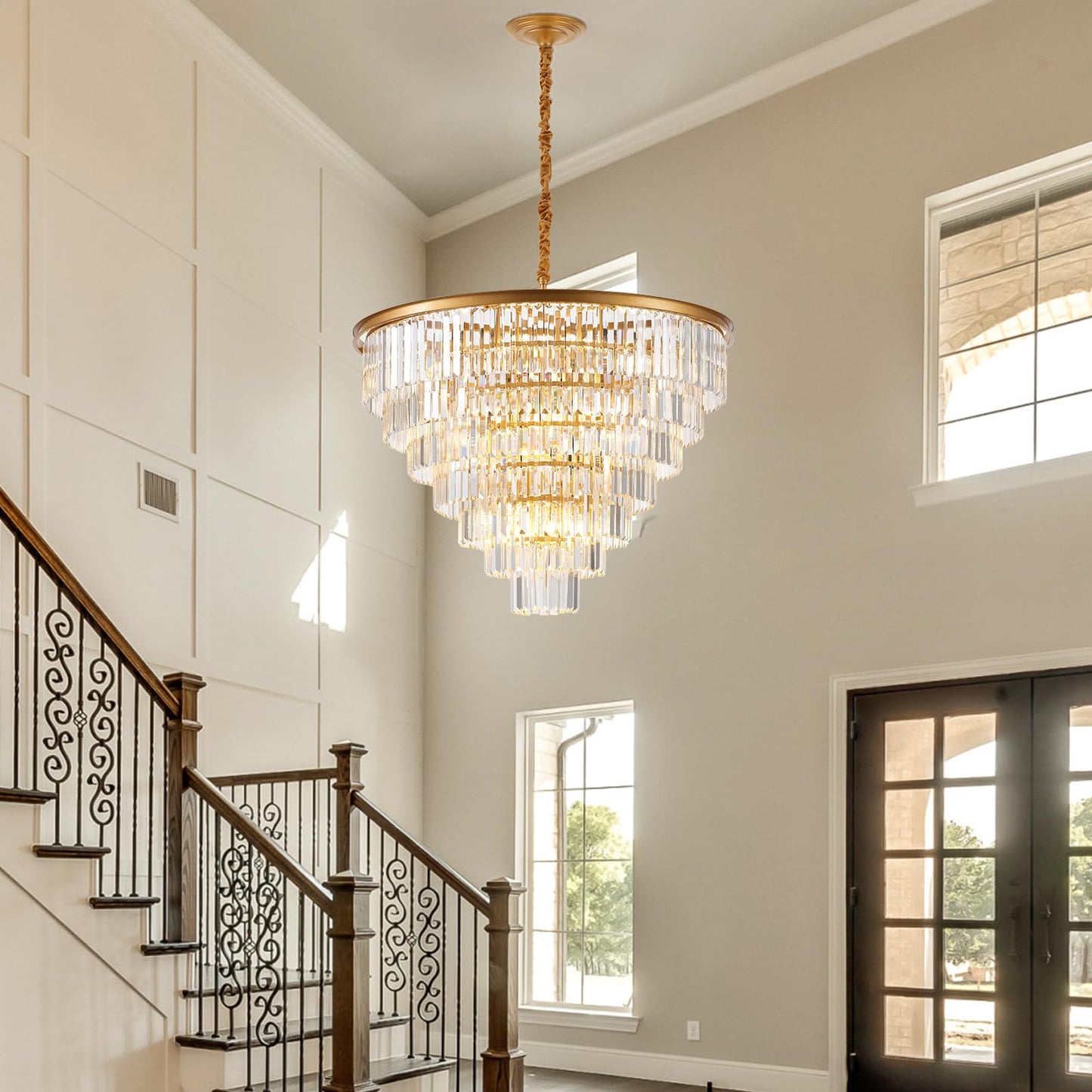 Brfaixla 7-Tiers 22 Lights Gold Crystal Chandelier stylish 35.46 Modern Contemporary Crystal Pendant Ceiling Lighting Crystals Light Fixture For Living Room Hotel Lobby Restaurant Foyer High Ceiling