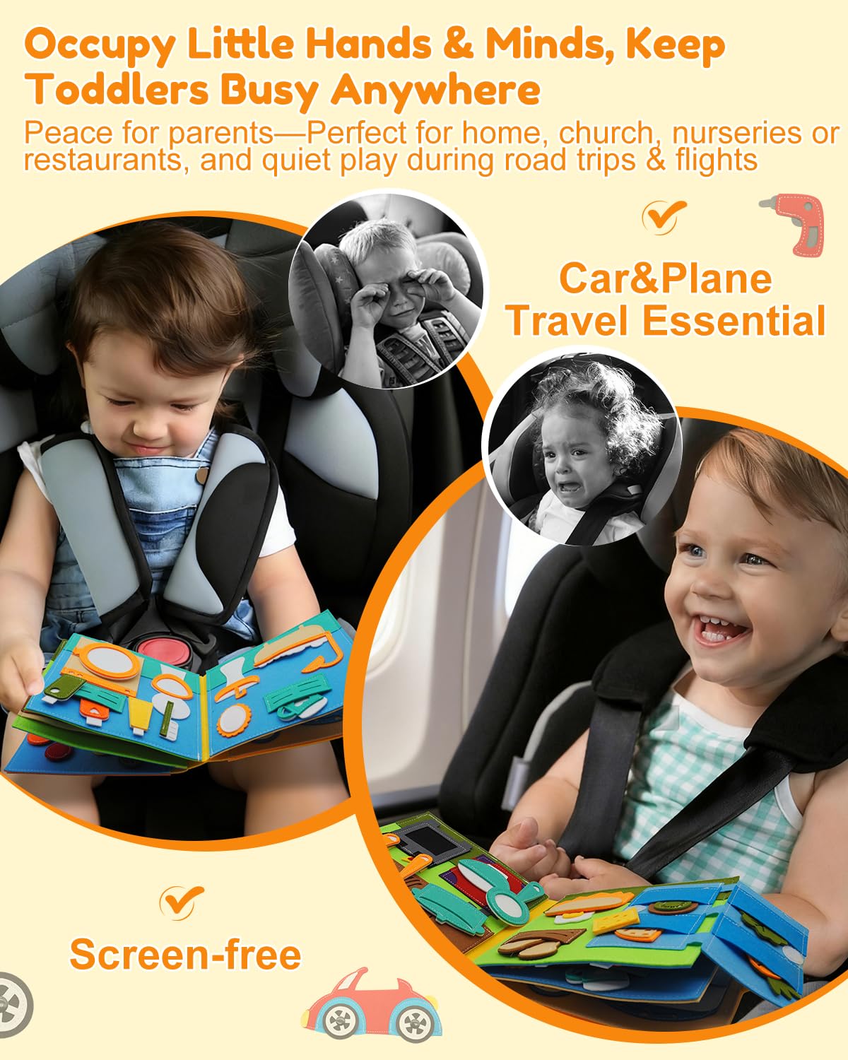 Felt Busy Book for Toddlers 1-3, Montessori Busy Board for 1 Year Old, Quiet Book Airplane Travel Toys, Sensory Early Learning Educational Toy, Car Activity Books, Kids 3-5, Pretend Play Boys Gifts