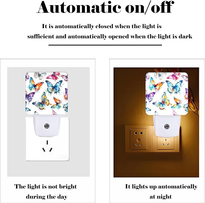 Watercolor Butterflies Night Light,Plug Into Wall for Boys Girls Bedroom Decorative Square Night Light Lamp 0.5w Sleep Friendly