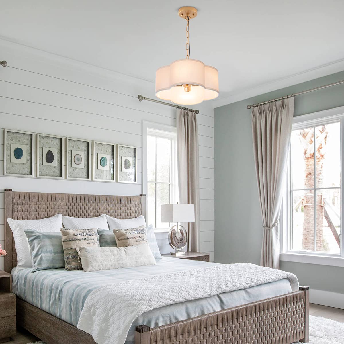 VILUXY Farmhouse Chandelier 4 Lights Pendant Light White Linen Fabric Round Drum with Gold Fixture for Bedroom Dining Room