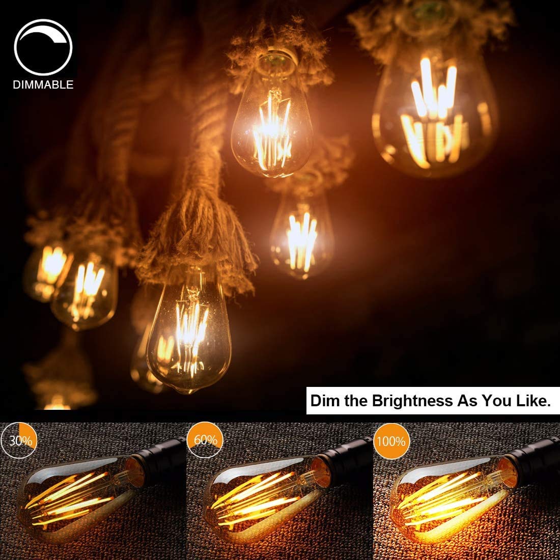 Luxon Dimmable Led Edison Bulb, 4W (40W Equivalent), 2700K Warm White, Amber Glass, E26 Base, 8-Pack