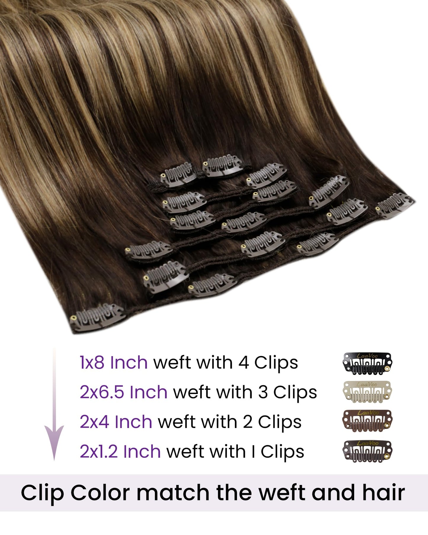 LaaVoo Clip in Hair Extensions Human Hair Balayage Hair Extensions Clip ins Brown Fading to Caramel Blonde Mix Brown 14 Inch 7pc