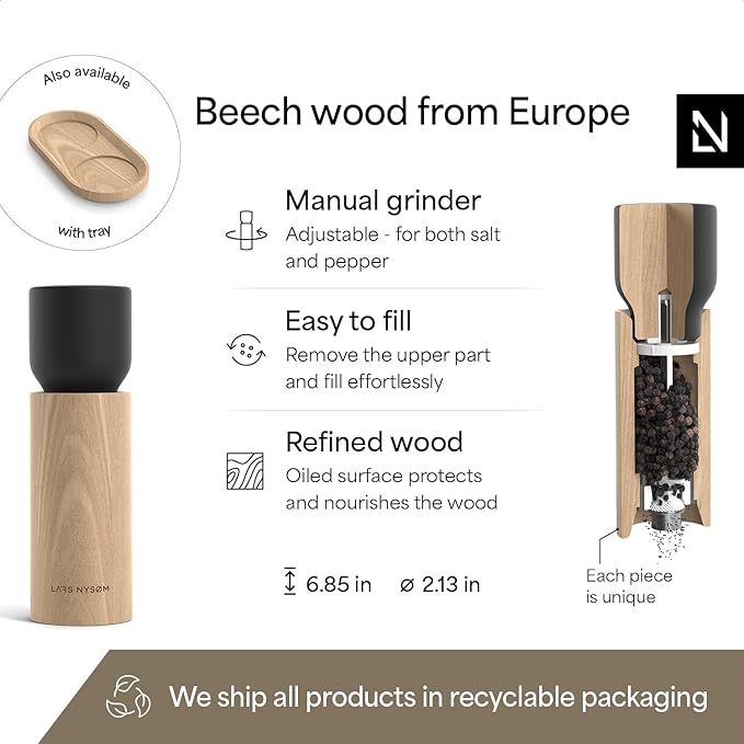 LARS NYSØM Wooden Salt and Pepper Grinder Set Manual - Salt and Pepper Mills with Adjustable Ceramic Grinder - Elegant Beechwood Pepper and Salt Mill Set for Dining Table (Carbon Black)
