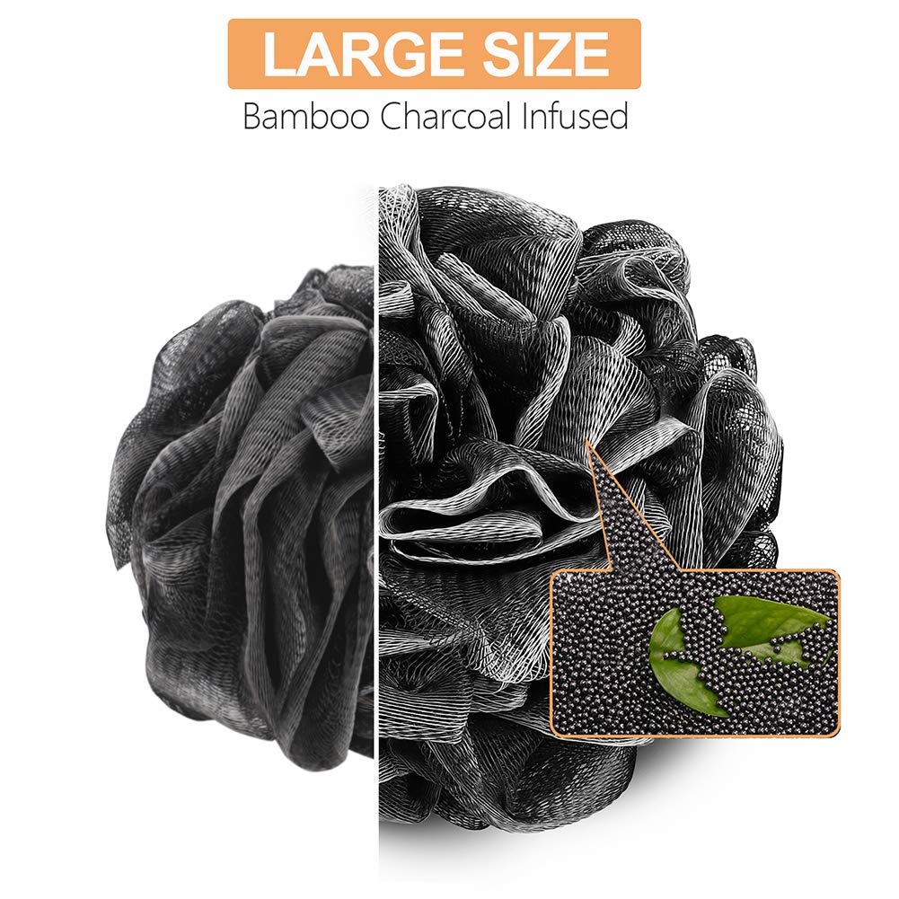Novosun Loofah Bath Sponge Set - Extra Large 4 Pack, Soft Mesh Pouf Scrubber for Exfoliating Skin, Black, Model LF-0112, 75g