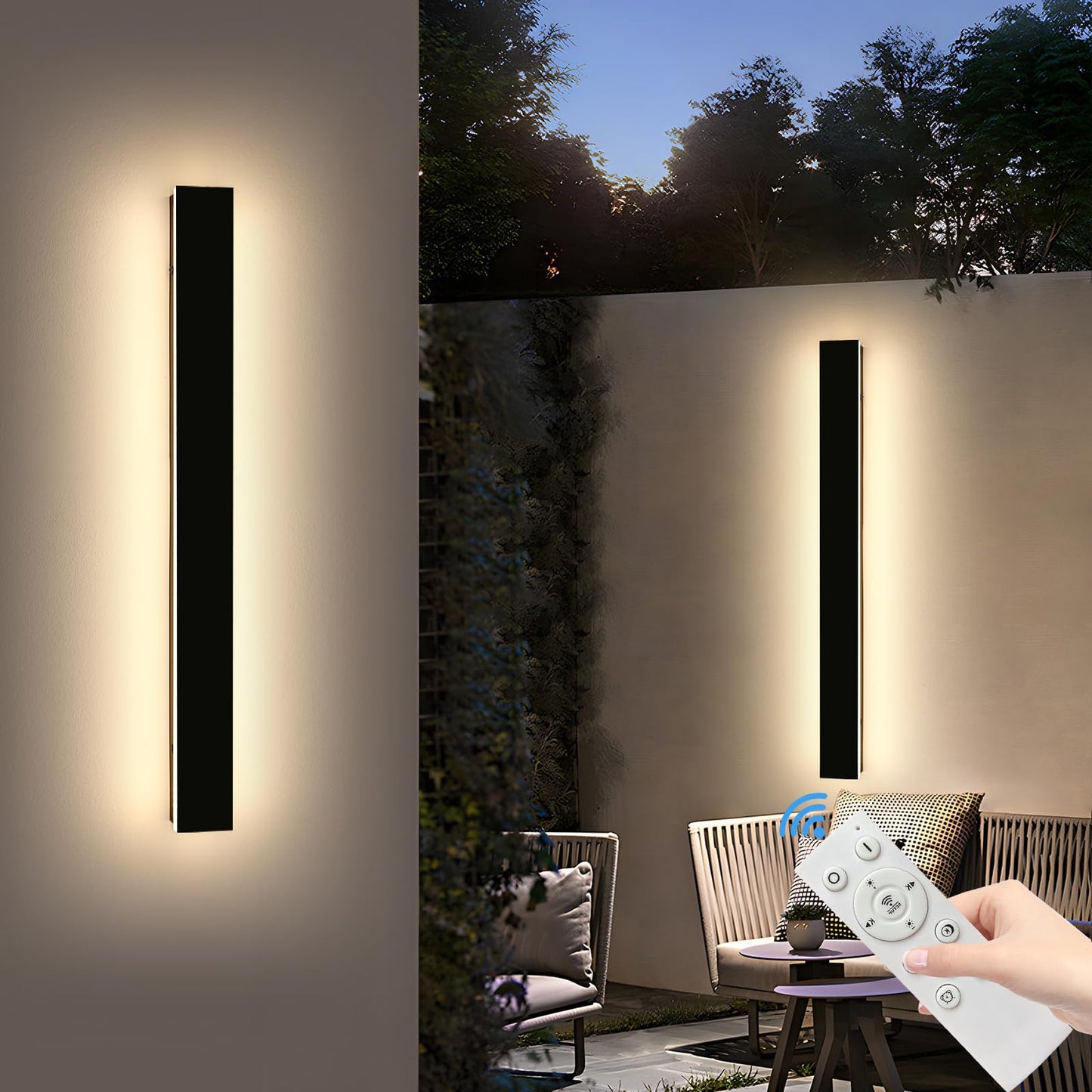 Mikeru 3CCT Dimmable Outdoor Wall Sconce, 47.2in IP65 Waterproof, Modern Black, Remote Control, Model FTBD-ZB2P, 2-Pack