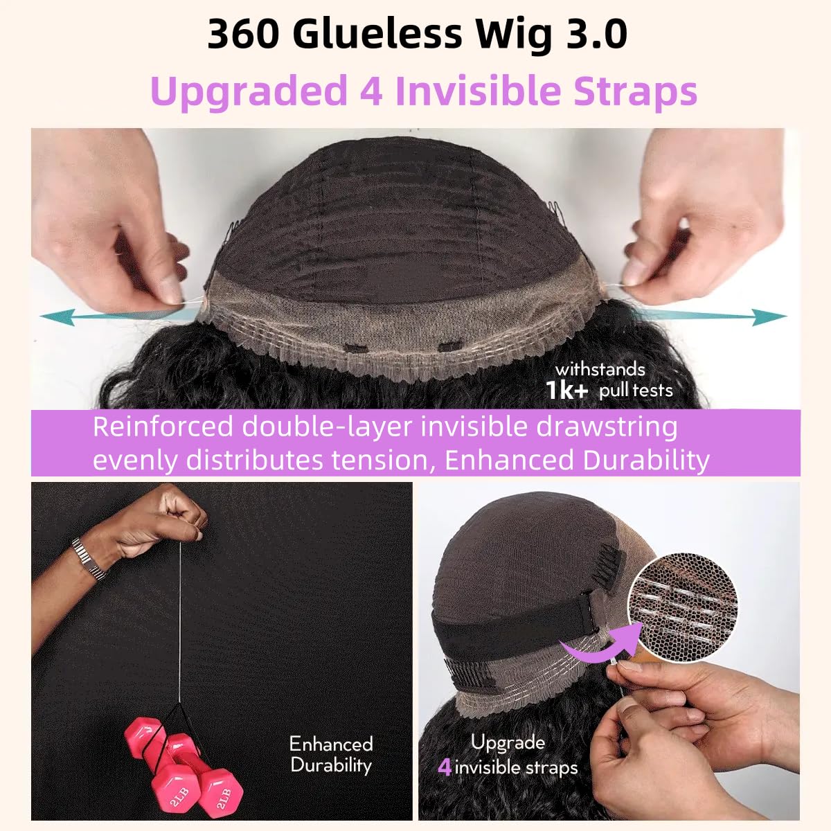 Hidden Strap 360 Skinlike HD Lace Front Wigs Human Hair Water Wave Glueless Wigs Pre Plucked Pre Cut Bleached Tiny Knots 220 Den