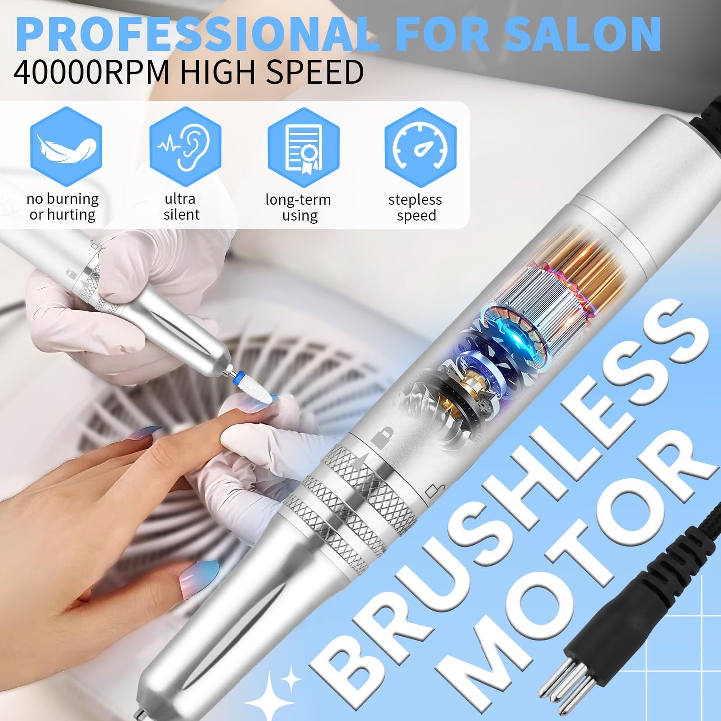Kredioo Professional Nail Drill Brushless 40,000RPM Rechargeable 2-in-1 Portable Electric Nail File Ultra Silent Salon Must Have