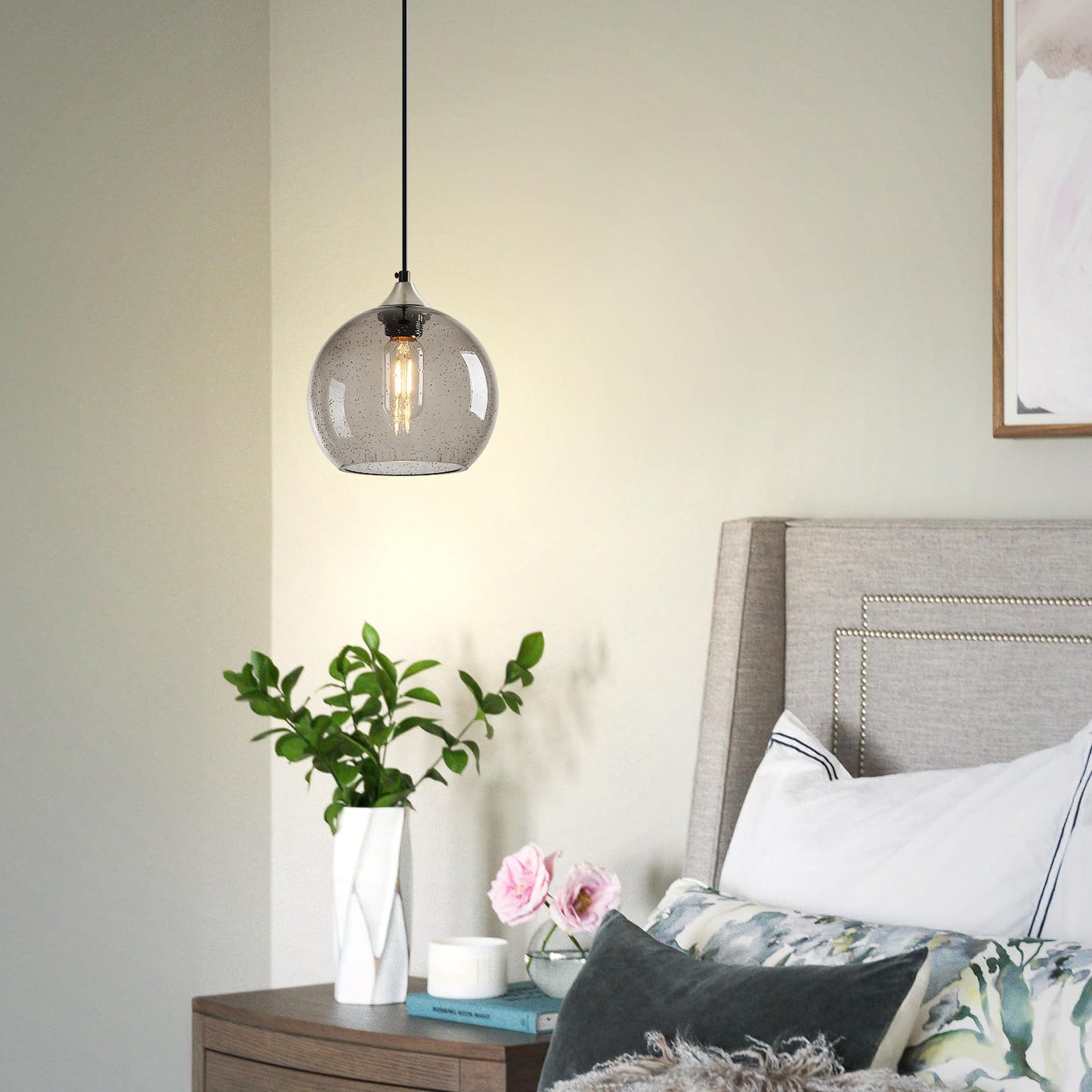 Lbsqj Light Grey Glass Pendant Lights Kitchen Island Lighting Globe Pendant Light Fixtures Modern Pendant Lighting For Bedroom Living Dining Room Light Fixture (7.87 In  2 Pack)
